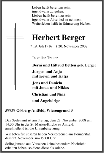 Traueranzeige von Herbert Berger von Tageszeitung