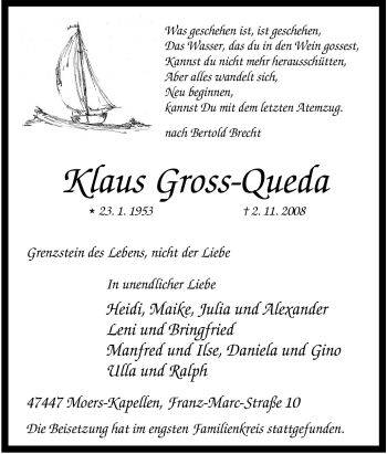 Traueranzeige von Klaus Gross-Queda von Tageszeitung