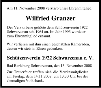 Traueranzeige von Wilfried Granzer von Tageszeitung