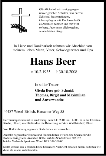Traueranzeige von Hans Beer von Tageszeitung