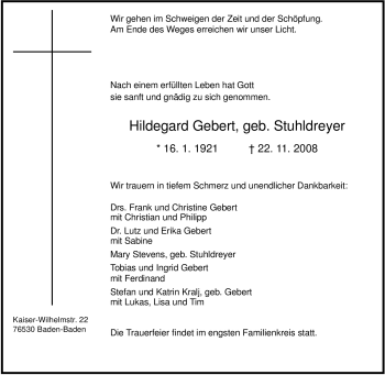 Traueranzeige von Hildegard Gebert von Tageszeitung