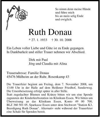 Traueranzeige von Ruth Donau von Tageszeitung