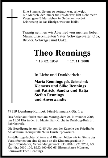 Traueranzeige von Theo Rennings von Tageszeitung