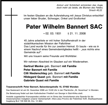 Traueranzeige von Wilhelm Bannert SAC von Tageszeitung