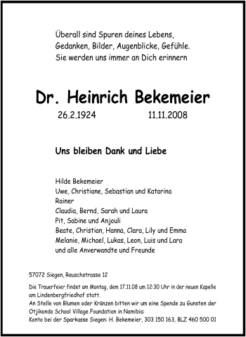 Traueranzeige von Heinrich Bekemeier von Tageszeitung
