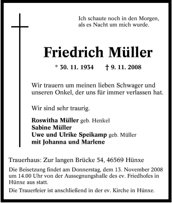 Traueranzeige von Friedrich Müller von Tageszeitung