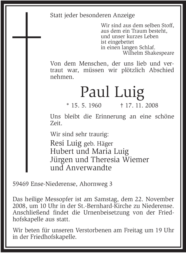  Traueranzeige für Paul Luig vom 18.11.2008 aus Tageszeitung