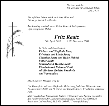 Traueranzeige von Fritz Raatz von Tageszeitung