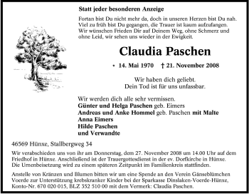 Traueranzeige von Claudia Paschen von Tageszeitung