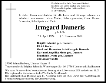 Traueranzeige von Irmgard Dameris von Tageszeitung