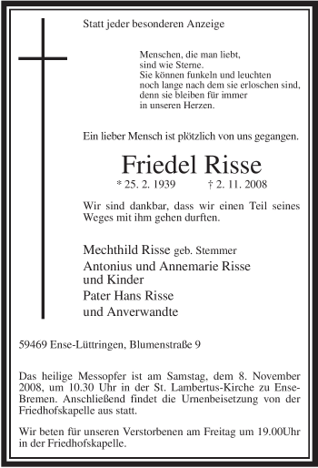 Traueranzeige von Friedel Risse von Tageszeitung
