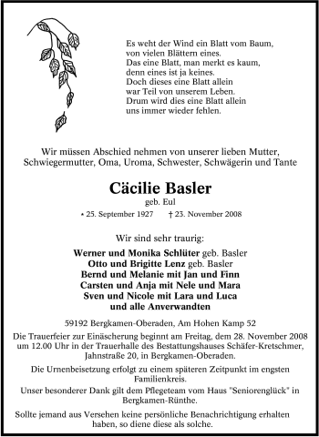 Traueranzeige von Cäcilie Basler von Tageszeitung