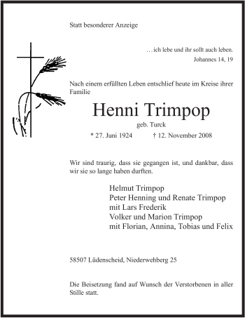Traueranzeige von Henni Trimpop von Tageszeitung