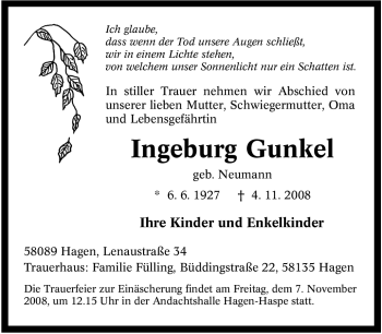 Traueranzeige von Ingeburg Gunkel von Tageszeitung
