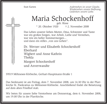 Traueranzeige von Maria Schockenhoff von Tageszeitung