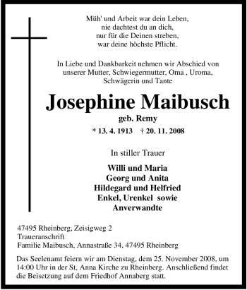 Traueranzeige von Josephine Maibusch von Tageszeitung