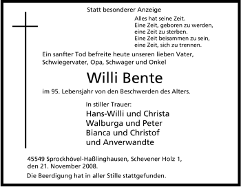 Traueranzeige von Willi Bente von Tageszeitung