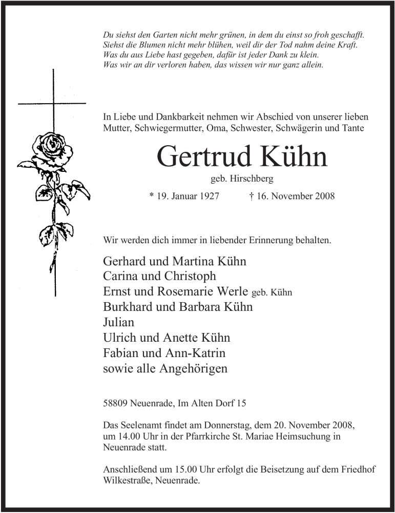  Traueranzeige für Gertrud Kühn vom 18.11.2008 aus Tageszeitung