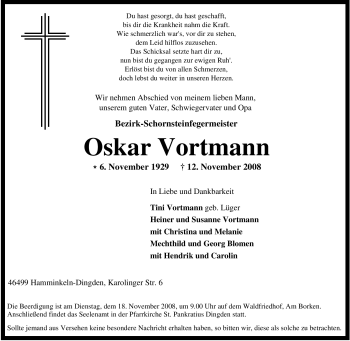 Traueranzeige von Oskar Vortmann von Tageszeitung