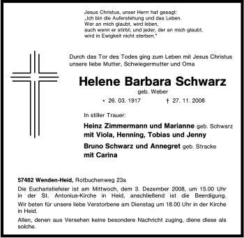 Traueranzeige von Helene Barbara Schwarz von Tageszeitung