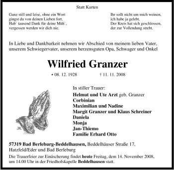 Traueranzeige von Wilfried Granzer von Tageszeitung