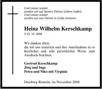 Traueranzeige von Heinz Wilhelm Kerschkamp von Tageszeitung
