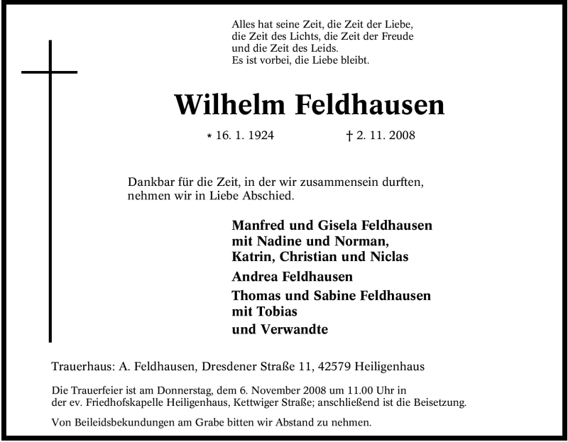  Traueranzeige für Wilhelm Feldhausen vom 04.11.2008 aus Tageszeitung