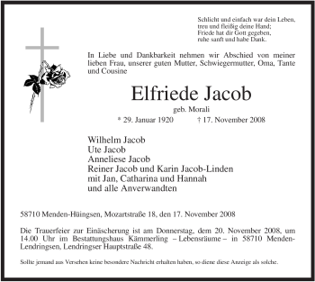 Traueranzeige von Elfriede Jacob von Tageszeitung