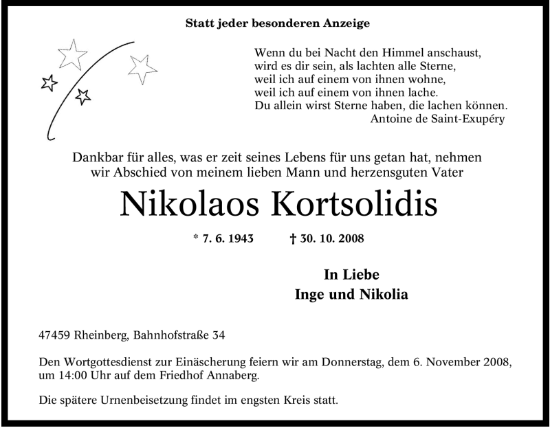  Traueranzeige für Nikolaos Kortsolidis vom 04.11.2008 aus Tageszeitung