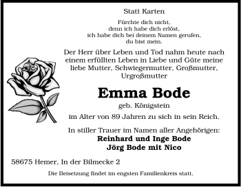 Traueranzeige von Emma Bode von Tageszeitung