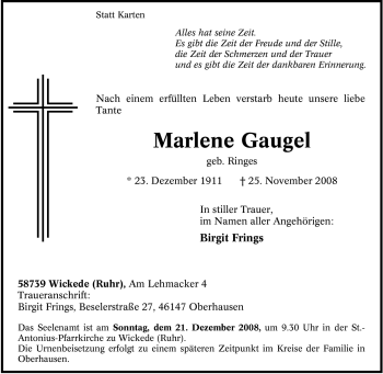 Traueranzeige von Marlene Gaugel von Tageszeitung