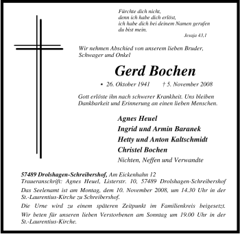 Traueranzeige von Gerd Bochen von Tageszeitung