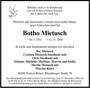 Traueranzeige von Botho Mietusch von Tageszeitung