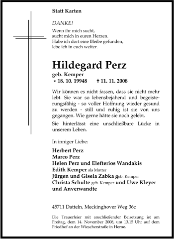 Traueranzeige von Hildegard Perz von Tageszeitung