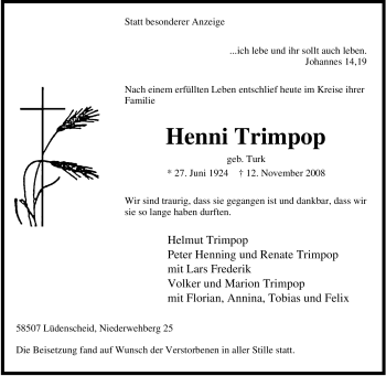 Traueranzeige von Henni Trimpop von Tageszeitung