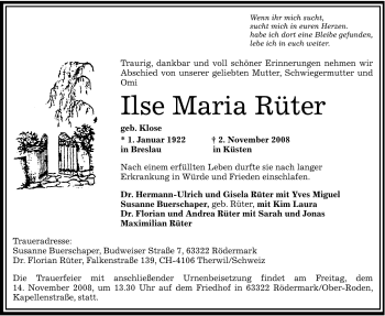Traueranzeige von Ilse Maria Rüter von Tageszeitung