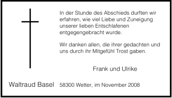 Traueranzeige von Waltraud Basel von Tageszeitung