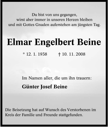 Traueranzeige von Elmar Engelbert Beine von Tageszeitung