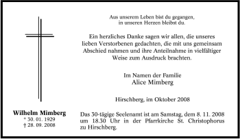 Traueranzeige von Wilhelm Mimberg von Tageszeitung