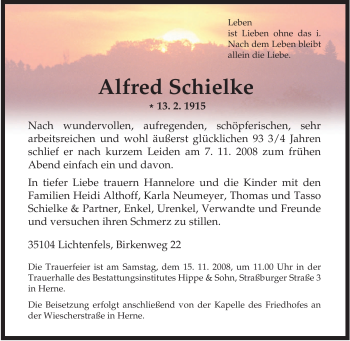 Traueranzeige von Alfred Schielke von Tageszeitung