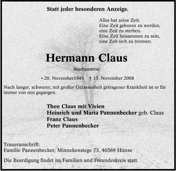 Traueranzeige von Hermann Claus von Tageszeitung