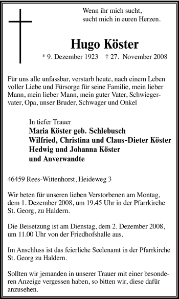 Traueranzeige von Hugo Köster von Tageszeitung
