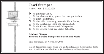 Traueranzeige von Josef Stemper von Tageszeitung