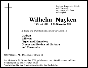 Traueranzeige von Wilhelm Nuyken von Tageszeitung