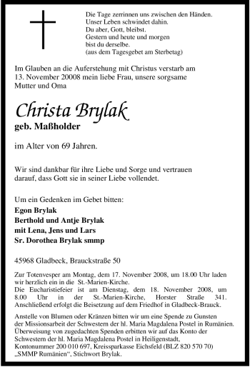 Traueranzeige von Christa Brylak von Tageszeitung
