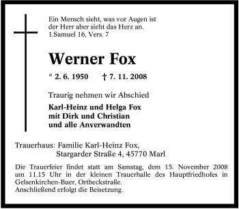 Traueranzeige von Werner Fox von Tageszeitung
