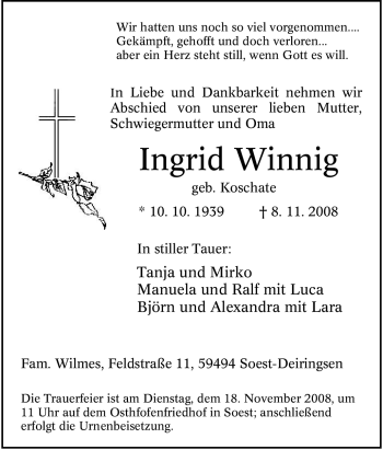 Traueranzeige von Ingrid Winnig von Tageszeitung