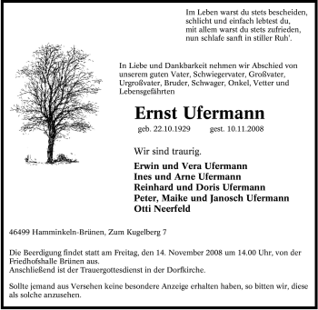 Traueranzeige von Ernst Ufermann von Tageszeitung