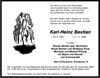 Traueranzeige von Karl-Heinz Bastian von Tageszeitung