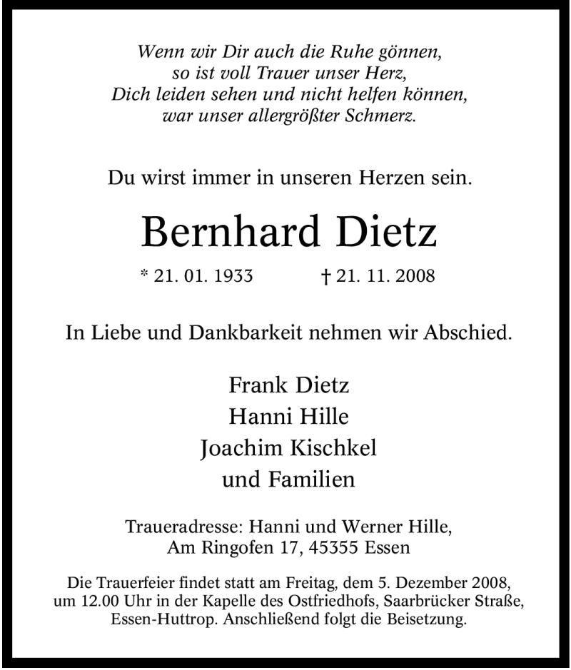  Traueranzeige für Bernhard Dietz vom 29.11.2008 aus Tageszeitung